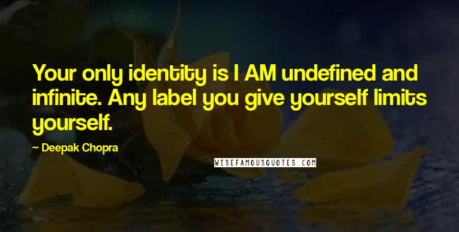 Deepak Chopra Quotes: Your only identity is I AM undefined and infinite. Any label you give yourself limits yourself.