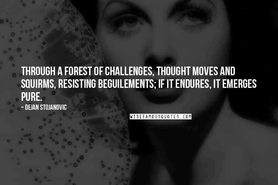 Dejan Stojanovic Quotes: Through a forest of challenges, thought moves and squirms, resisting beguilements; if it endures, it emerges pure.