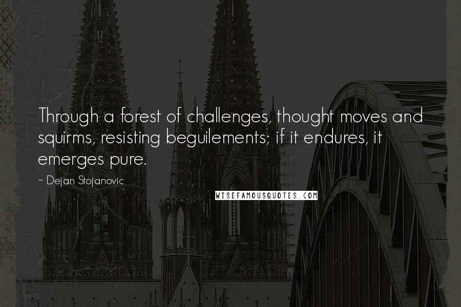 Dejan Stojanovic Quotes: Through a forest of challenges, thought moves and squirms, resisting beguilements; if it endures, it emerges pure.