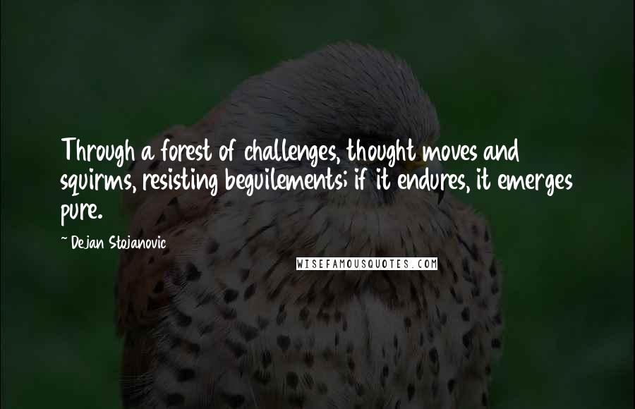 Dejan Stojanovic Quotes: Through a forest of challenges, thought moves and squirms, resisting beguilements; if it endures, it emerges pure.