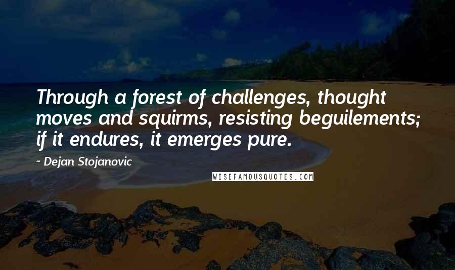 Dejan Stojanovic Quotes: Through a forest of challenges, thought moves and squirms, resisting beguilements; if it endures, it emerges pure.