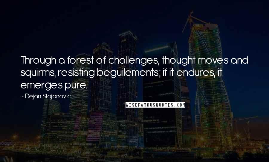 Dejan Stojanovic Quotes: Through a forest of challenges, thought moves and squirms, resisting beguilements; if it endures, it emerges pure.