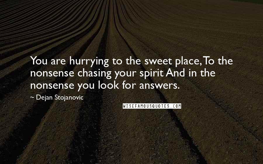 Dejan Stojanovic Quotes: You are hurrying to the sweet place, To the nonsense chasing your spirit And in the nonsense you look for answers.