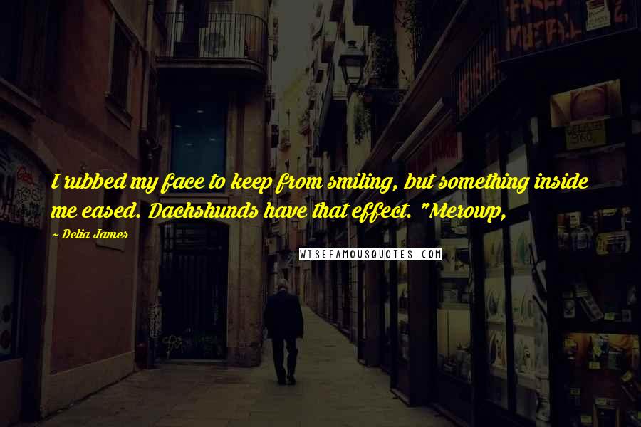 Delia James Quotes: I rubbed my face to keep from smiling, but something inside me eased. Dachshunds have that effect. "Merowp,