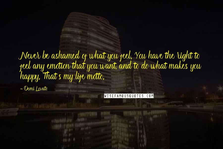 Demi Lovato Quotes: Never be ashamed of what you feel. You have the right to feel any emotion that you want, and to do what makes you happy. That's my life motto.