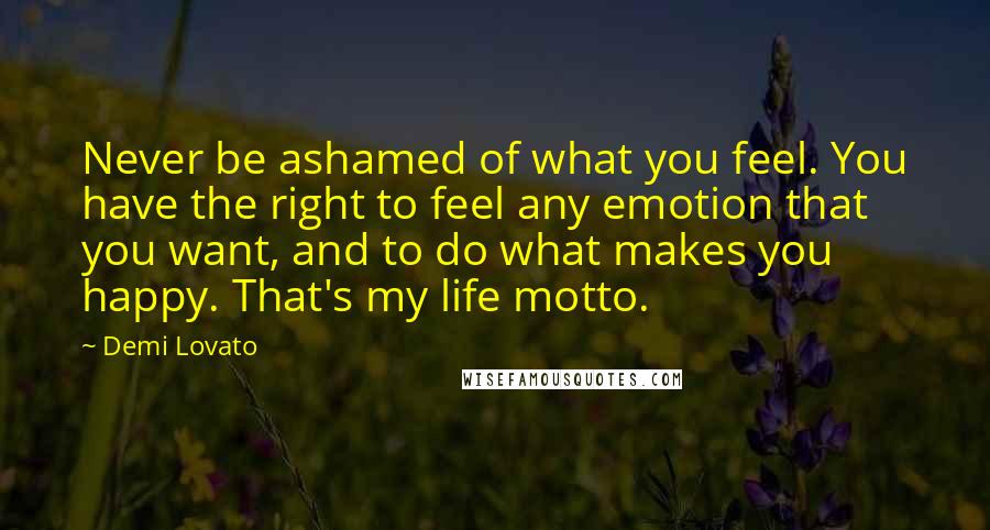 Demi Lovato Quotes: Never be ashamed of what you feel. You have the right to feel any emotion that you want, and to do what makes you happy. That's my life motto.
