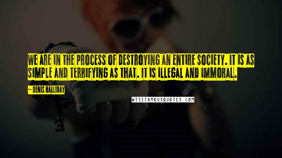 Denis Halliday Quotes: We are in the process of destroying an entire society. It is as simple and terrifying as that. It is illegal and immoral.