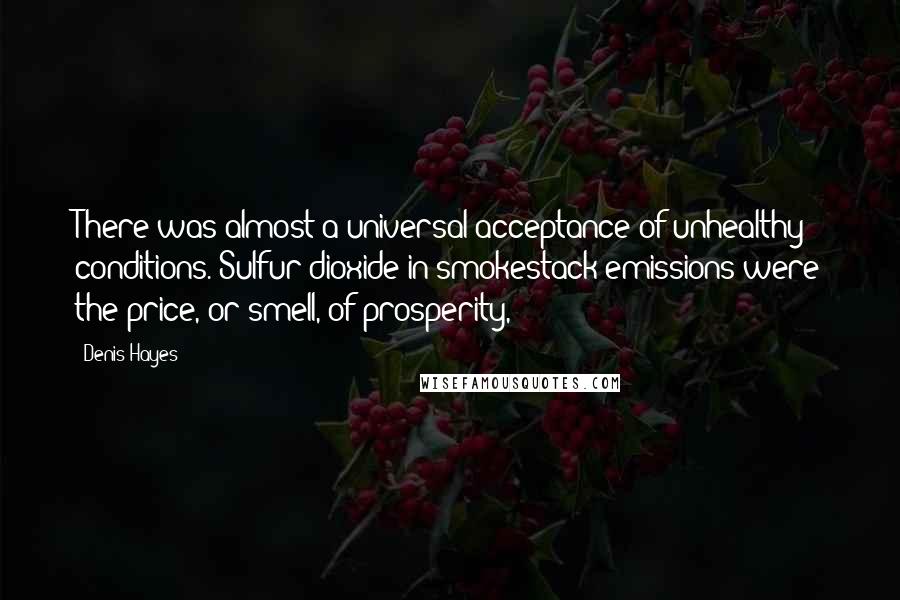 Denis Hayes Quotes: There was almost a universal acceptance of unhealthy conditions. Sulfur dioxide in smokestack emissions were the price, or smell, of prosperity,