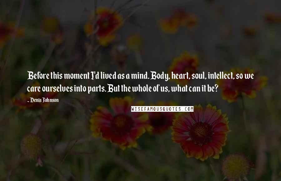 Denis Johnson Quotes: Before this moment I'd lived as a mind. Body, heart, soul, intellect, so we care ourselves into parts. But the whole of us, what can it be?