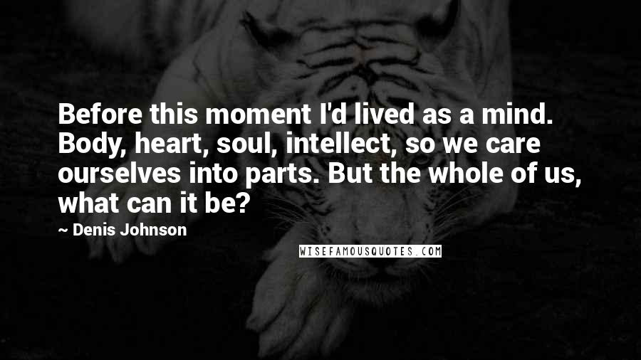 Denis Johnson Quotes: Before this moment I'd lived as a mind. Body, heart, soul, intellect, so we care ourselves into parts. But the whole of us, what can it be?