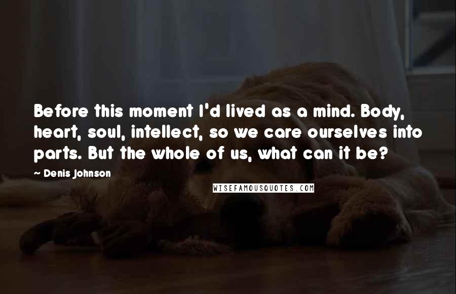 Denis Johnson Quotes: Before this moment I'd lived as a mind. Body, heart, soul, intellect, so we care ourselves into parts. But the whole of us, what can it be?