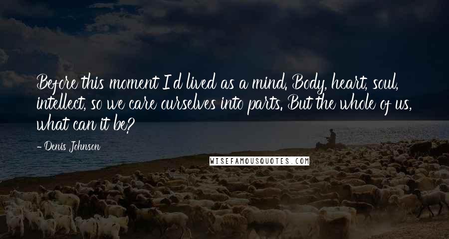 Denis Johnson Quotes: Before this moment I'd lived as a mind. Body, heart, soul, intellect, so we care ourselves into parts. But the whole of us, what can it be?