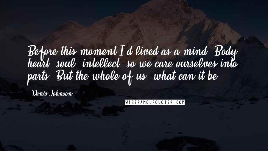 Denis Johnson Quotes: Before this moment I'd lived as a mind. Body, heart, soul, intellect, so we care ourselves into parts. But the whole of us, what can it be?