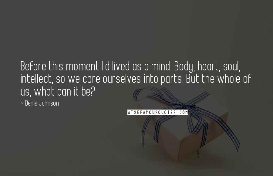 Denis Johnson Quotes: Before this moment I'd lived as a mind. Body, heart, soul, intellect, so we care ourselves into parts. But the whole of us, what can it be?