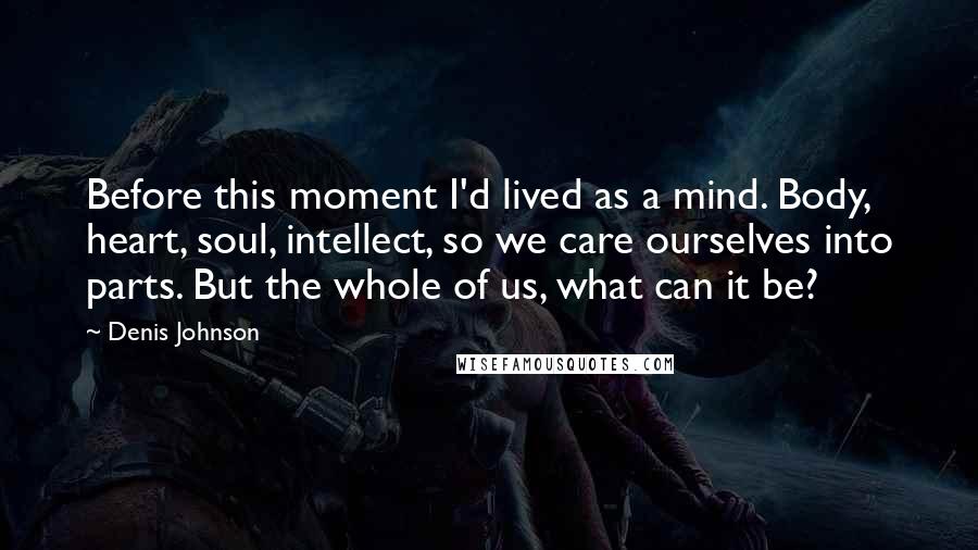 Denis Johnson Quotes: Before this moment I'd lived as a mind. Body, heart, soul, intellect, so we care ourselves into parts. But the whole of us, what can it be?