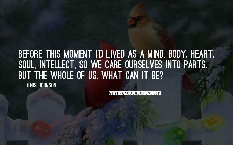 Denis Johnson Quotes: Before this moment I'd lived as a mind. Body, heart, soul, intellect, so we care ourselves into parts. But the whole of us, what can it be?