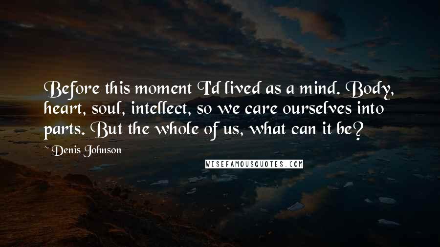 Denis Johnson Quotes: Before this moment I'd lived as a mind. Body, heart, soul, intellect, so we care ourselves into parts. But the whole of us, what can it be?