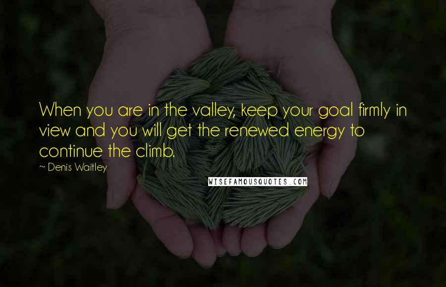 Denis Waitley Quotes: When you are in the valley, keep your goal firmly in view and you will get the renewed energy to continue the climb.