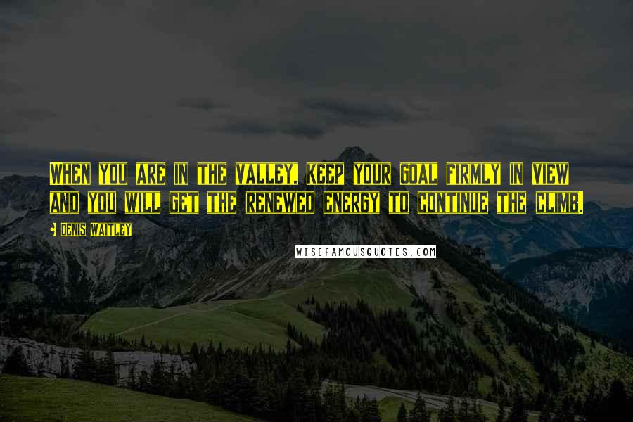 Denis Waitley Quotes: When you are in the valley, keep your goal firmly in view and you will get the renewed energy to continue the climb.