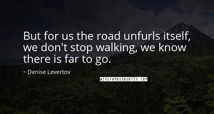 Denise Levertov Quotes: But for us the road unfurls itself, we don't stop walking, we know there is far to go.