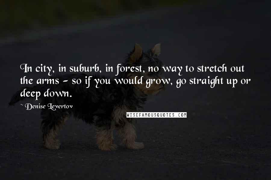 Denise Levertov Quotes: In city, in suburb, in forest, no way to stretch out the arms - so if you would grow, go straight up or deep down.