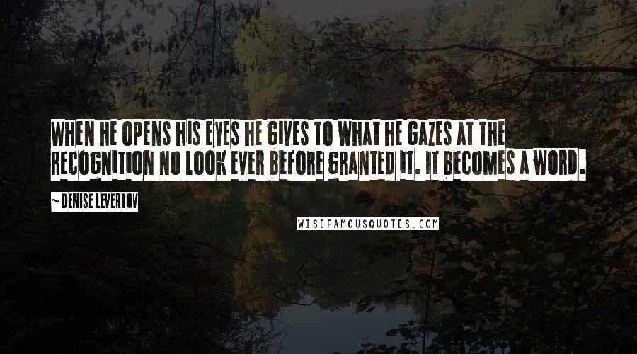 Denise Levertov Quotes: When he opens his eyes he gives to what he gazes at the recognition no look ever before granted it. It becomes a word.