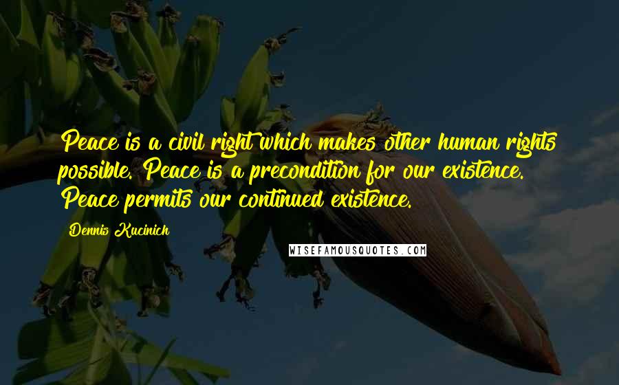 Dennis Kucinich Quotes: Peace is a civil right which makes other human rights possible. Peace is a precondition for our existence. Peace permits our continued existence.