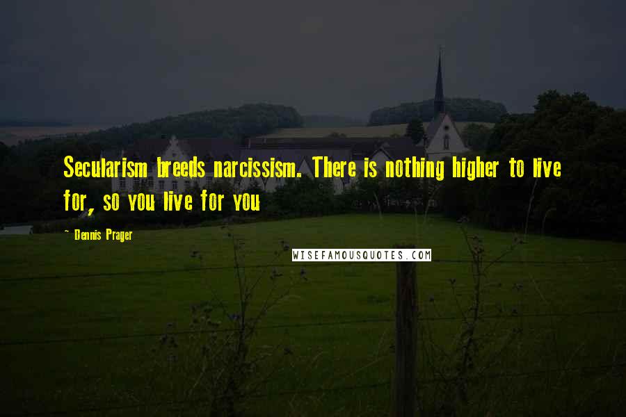 Dennis Prager Quotes: Secularism breeds narcissism. There is nothing higher to live for, so you live for you
