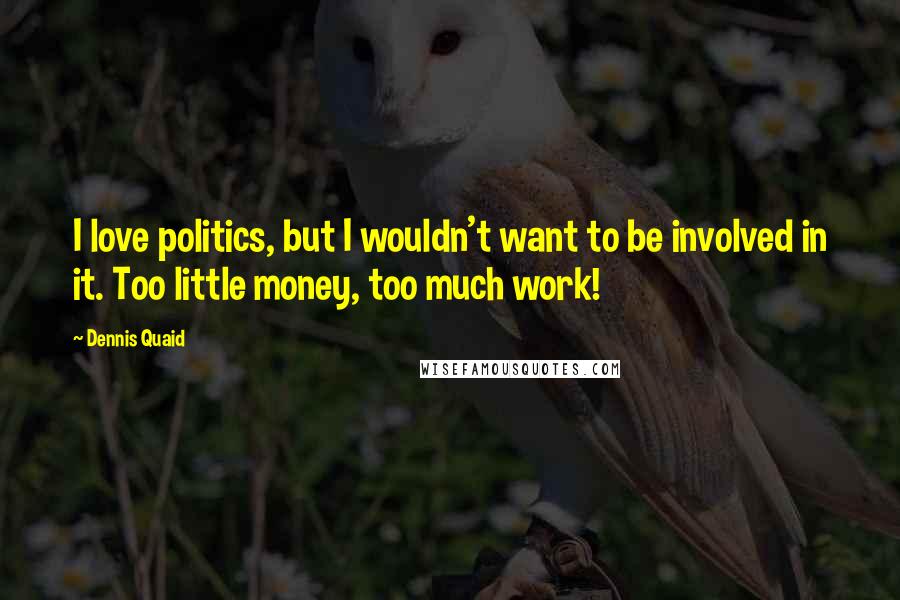 Dennis Quaid Quotes: I love politics, but I wouldn't want to be involved in it. Too little money, too much work!