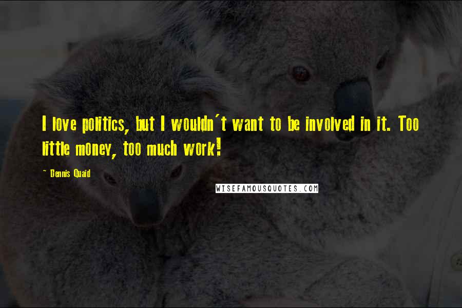 Dennis Quaid Quotes: I love politics, but I wouldn't want to be involved in it. Too little money, too much work!