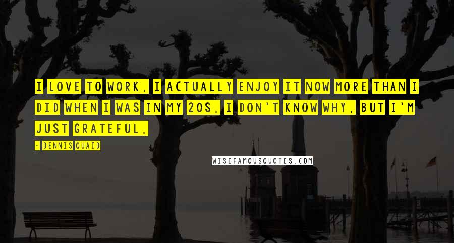 Dennis Quaid Quotes: I love to work. I actually enjoy it now more than I did when I was in my 20s. I don't know why, but I'm just grateful.