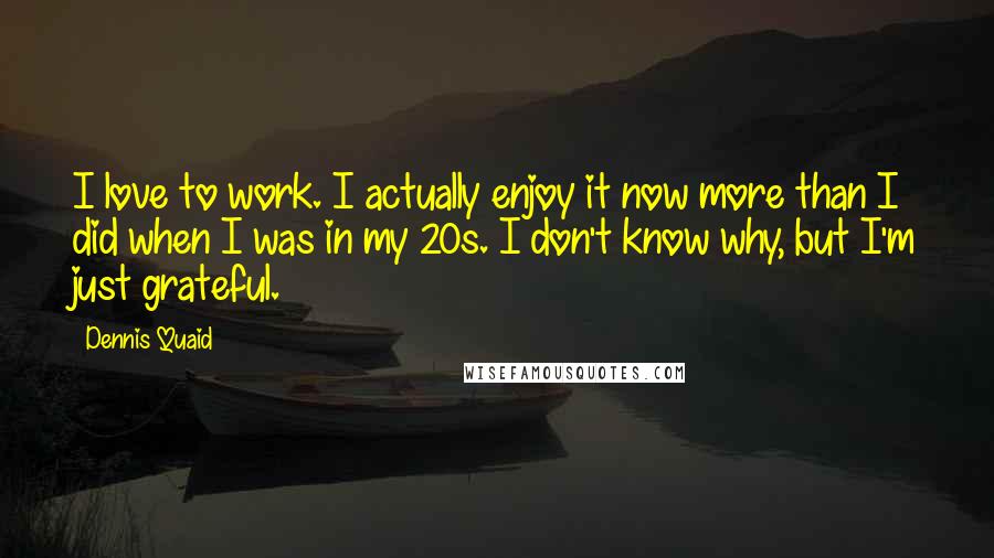 Dennis Quaid Quotes: I love to work. I actually enjoy it now more than I did when I was in my 20s. I don't know why, but I'm just grateful.