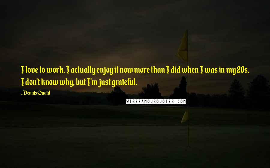 Dennis Quaid Quotes: I love to work. I actually enjoy it now more than I did when I was in my 20s. I don't know why, but I'm just grateful.