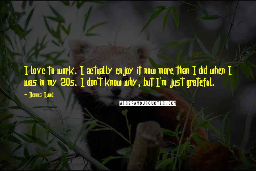 Dennis Quaid Quotes: I love to work. I actually enjoy it now more than I did when I was in my 20s. I don't know why, but I'm just grateful.