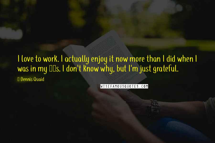 Dennis Quaid Quotes: I love to work. I actually enjoy it now more than I did when I was in my 20s. I don't know why, but I'm just grateful.