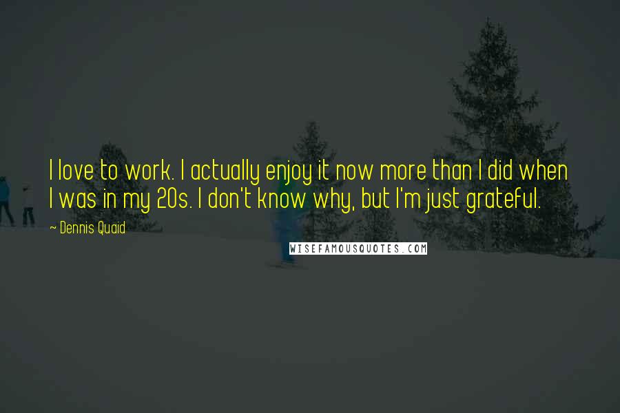 Dennis Quaid Quotes: I love to work. I actually enjoy it now more than I did when I was in my 20s. I don't know why, but I'm just grateful.