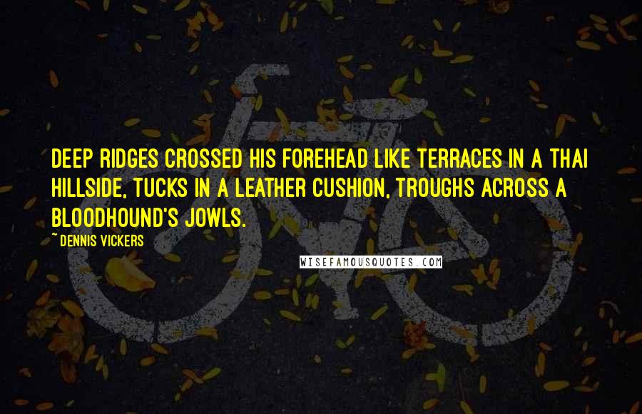 Dennis Vickers Quotes: Deep ridges crossed his forehead like terraces in a Thai hillside, tucks in a leather cushion, troughs across a bloodhound's jowls.