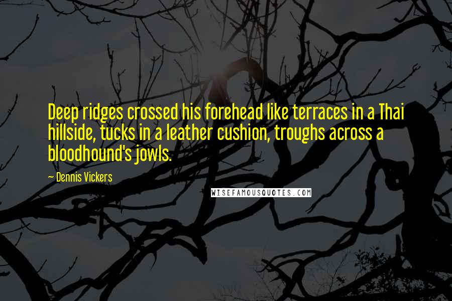 Dennis Vickers Quotes: Deep ridges crossed his forehead like terraces in a Thai hillside, tucks in a leather cushion, troughs across a bloodhound's jowls.