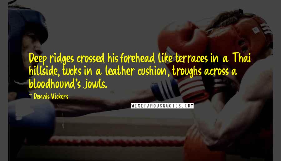Dennis Vickers Quotes: Deep ridges crossed his forehead like terraces in a Thai hillside, tucks in a leather cushion, troughs across a bloodhound's jowls.