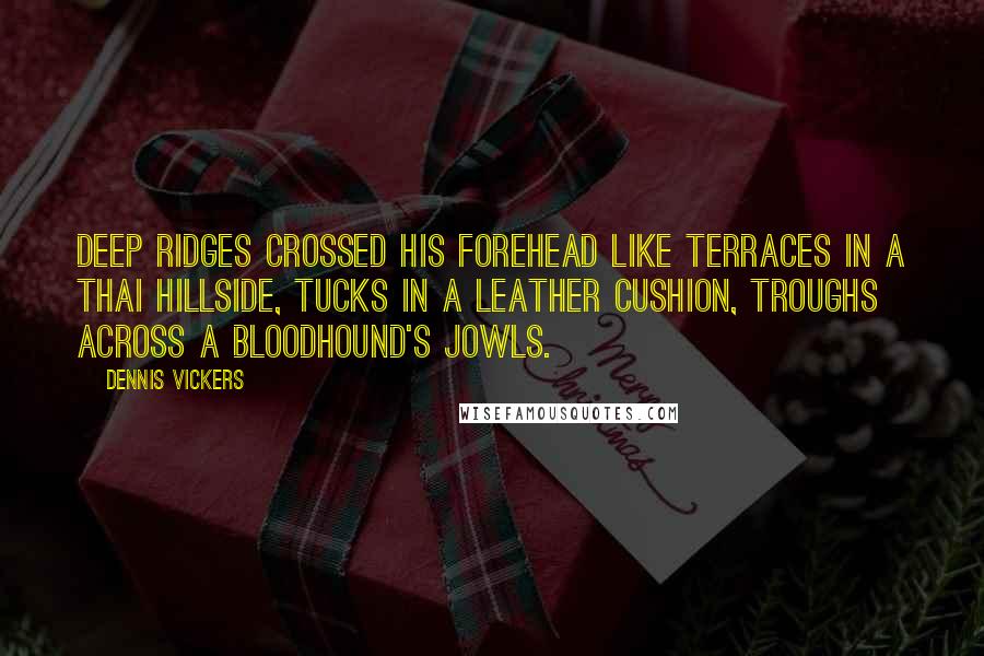 Dennis Vickers Quotes: Deep ridges crossed his forehead like terraces in a Thai hillside, tucks in a leather cushion, troughs across a bloodhound's jowls.