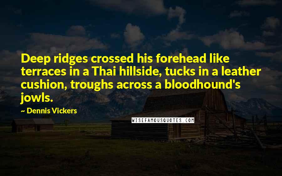 Dennis Vickers Quotes: Deep ridges crossed his forehead like terraces in a Thai hillside, tucks in a leather cushion, troughs across a bloodhound's jowls.