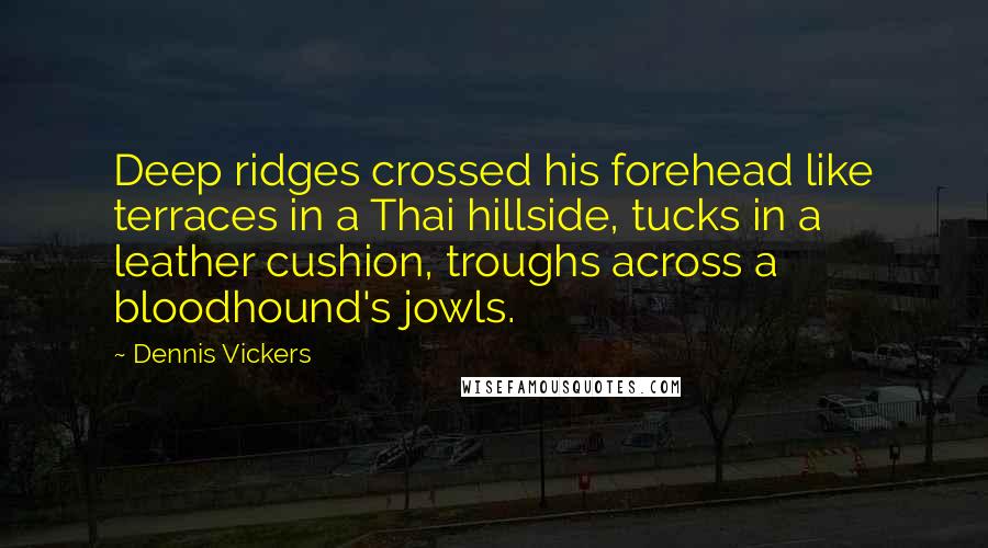 Dennis Vickers Quotes: Deep ridges crossed his forehead like terraces in a Thai hillside, tucks in a leather cushion, troughs across a bloodhound's jowls.