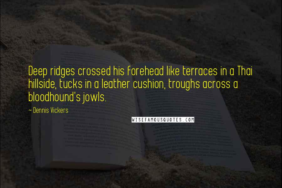 Dennis Vickers Quotes: Deep ridges crossed his forehead like terraces in a Thai hillside, tucks in a leather cushion, troughs across a bloodhound's jowls.