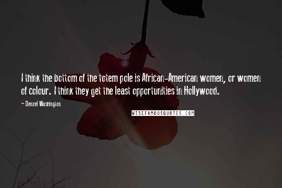 Denzel Washington Quotes: I think the bottom of the totem pole is African-American women, or women of colour. I think they get the least opportunities in Hollywood.