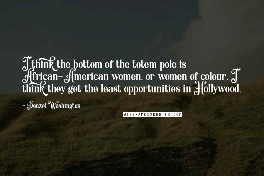 Denzel Washington Quotes: I think the bottom of the totem pole is African-American women, or women of colour. I think they get the least opportunities in Hollywood.