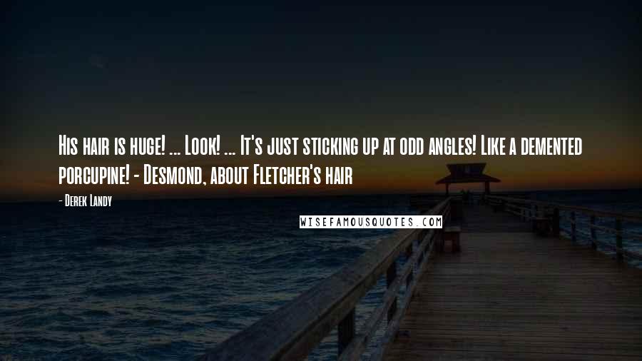 Derek Landy Quotes: His hair is huge! ... Look! ... It's just sticking up at odd angles! Like a demented porcupine! - Desmond, about Fletcher's hair