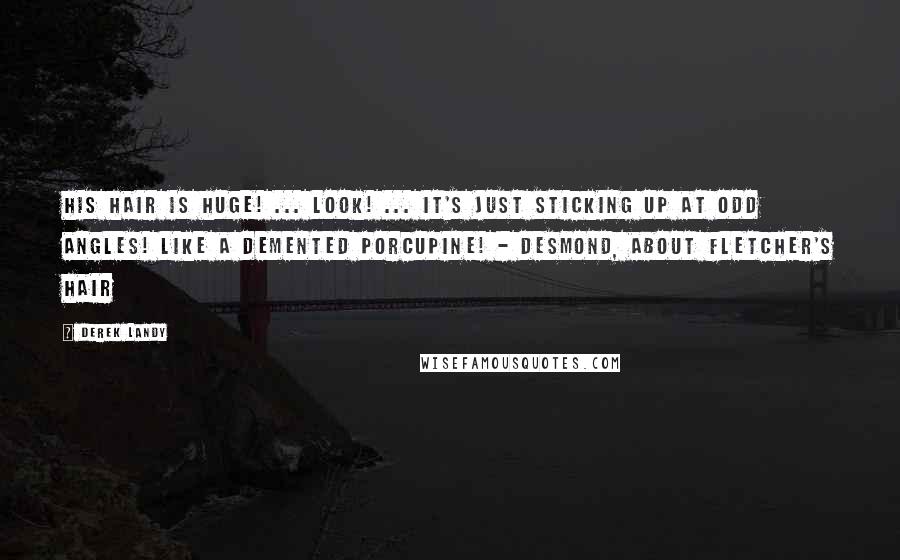 Derek Landy Quotes: His hair is huge! ... Look! ... It's just sticking up at odd angles! Like a demented porcupine! - Desmond, about Fletcher's hair