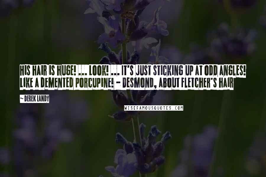 Derek Landy Quotes: His hair is huge! ... Look! ... It's just sticking up at odd angles! Like a demented porcupine! - Desmond, about Fletcher's hair