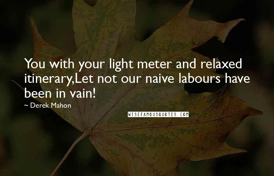 Derek Mahon Quotes: You with your light meter and relaxed itinerary,Let not our naive labours have been in vain!