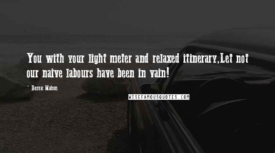 Derek Mahon Quotes: You with your light meter and relaxed itinerary,Let not our naive labours have been in vain!